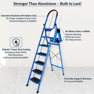 Plantex Premium Steel - 7 Step Ladder/Wide Anti Skid Steps/Heavy Duty Multipurpose Foldable 7 Step Ladder(Blue & Black)-refurbished