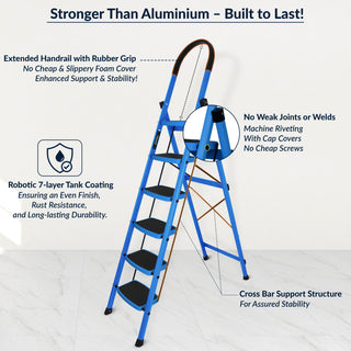 Plantex Premium 6 Step Ladder/Steel Ladder for Home Use/Wide Anti Skid Step Ladder/Non-Slip Handgrip(Blue & Black)-refurbished