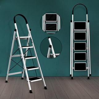 Plantex Steel Ladder for Home/Strong Foldable Wide 5 Step Ladder/Anti-Skid 5 Step Ladder - (Apex - White)-refurbished