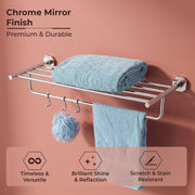 Plantex 304 Grade Stainless Steel Towel Rack with Hooks/Bathroom Towel Rod/Towel Hanger/Bathroom Accessories - Nipron (24-inch) Chrome