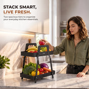 Plantex Metal Vegetable Basket Stand/2-Tier Fruit Basket for Dining Table/Multipurpose Storage Rack for Kitchen Countertop  Pack of 1, Black (30 x 17.5 x 35 cm)