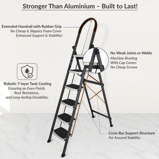 Plantex 6 Step Ladder -Foldable Steel 6 Step Ladder-Wide Anti Skid Steps-Made in India(Grey & White)-refurbished