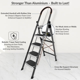 Plantex 5 Step Ladder - Foldable Steel -Wide Anti Skid Steps - 5 Year Manufacturer Warranty(Gray & White)-refurbished