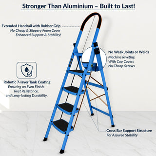 Plantex Ladder for Home - Premium Steel Foldable 5-Step Ladder - Anti Skid Strong Steps with 5 Years Manufacturer Warranty (Blue & Black)-refurbished