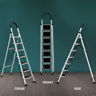 Plantex Steel Ladder for Home/Strong Foldable Wide 7 Step Ladder/Anti-Skid 7 Step Ladder - (Apex - White)-refurbished