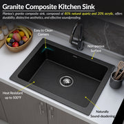 Plantex Quartz Acrylic Kitchen Sink With 10 Years Warranty/Undermount Sink For Kitchen/Metalic Single Bowl Kitchen Sinks With Coupling (Siapan-24X18 Inches), Metallic, Black