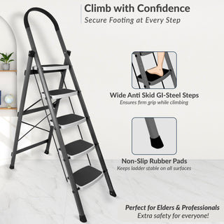 Plantex 5 Step Ladder - Foldable Steel -Wide Anti Skid Steps - 5 Year Manufacturer Warranty(Gray & White)-refurbished