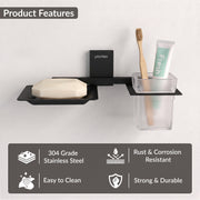 Plantex 304 Grade Stainless Steel Soap Dish with Glass Toothbrush Holder/Soap Stand/Soap Case with Tumbler/Bathroom Accessories - (Crystal, Black)