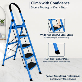 Plantex Ladder for Home - Premium Steel Foldable 5-Step Ladder - Anti Skid Strong Steps with 5 Years Manufacturer Warranty (Blue & Black)-refurbished