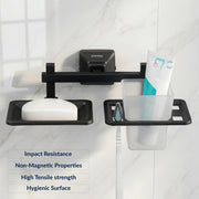 Plantex 304 Grade Stainless Steel Squaro 2 in 1 Soap Dish with Tumbler Holder/Soap Stand/ABS Material Tooth Brush Holder/Bathroom Accessories (Black)