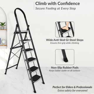 Plantex 6 Step Ladder -Foldable Steel 6 Step Ladder-Wide Anti Skid Steps-Made in India(Grey & White)-refurbished