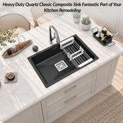 Plantex Quartz Single Bowl Kitchen Matt Sink/Sink For Kitchen/Undermount/Top Mounted (Black - 21X18 Inches)