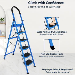Plantex Premium 6 Step Ladder/Steel Ladder for Home Use/Wide Anti Skid Step Ladder/Non-Slip Handgrip(Blue & Black)-refurbished