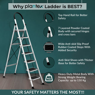 Plantex Steel Ladder for Home/Strong Foldable Wide 7 Step Ladder/Anti-Skid 7 Step Ladder - (Apex - White)-refurbished