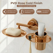 Plantex J4 Stainless Steel Soap Dish with Tumbler Holder/Soap and Brush Holder for Bathrooom/2 in 1 Soap Holder with Toothbrush Holder/Bathroom Accessories (PVD Rose Gold Finish) Angel