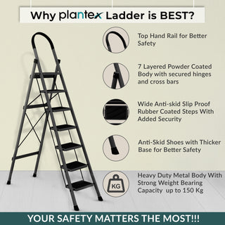 Plantex Steel 7 Step Ladder/Foldable Ladder for Home/Anti-Skid Wide 7 Step Ladder - (Apex - Black)-refurbished