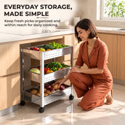 Plantex Stainless Steel 3-Tier Vegetable Storage Basket for Kitchen/Onion Garlic Stand-Trolley (Square Profile-Silver)