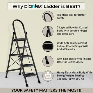 Plantex Steel Ladder for Home/Strong Foldable Wide 5 Step Ladder/Anti-Skid 5 Step Ladder - (Apex - Black)-refurbished