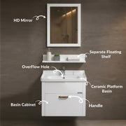 Plantex Unbreakable Wall Mount Vanity Cabinet & Washbasin Set/Washbasin with Cabinet/Basin Cabinet for Bathroom with Mirror & Shelf (White) Glass, Ceramic and HPP