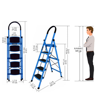 Plantex Ladder for Home - Premium Steel Foldable 5-Step Ladder - Anti Skid Strong Steps with 5 Years Manufacturer Warranty (Blue & Black)-refurbished