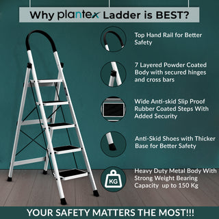 Plantex Steel Ladder for Home/Strong Foldable Wide 5 Step Ladder/Anti-Skid 5 Step Ladder - (Apex - White)-refurbished