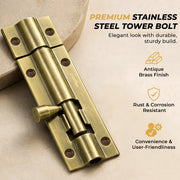 Plantex Stainless Steel Tower Bolt/Tower Bolt for Home,Offices Doors and Windows/Tower Bolt for Main Door/Door Latch/Kundi/Chitakini/Door Latch for Windows - Pack of 6 (Brass Antique, 4 inch)