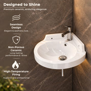 Plantex White Corner Wash Basin/Wall Mount Basin for Bathroom/Ceramic Tabletop Basin with 10 Years Glaze Warranty by Plantex/Small Corner Sink (Breva - 14.5 x 14.5 x 5 Inch)