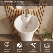Plantex Round Pedestal Basin for Bathroom/Ceramic One Piece Pedestal Free Standing Wash Basin for Home/Hotel (White-15x15x31.5 inch)