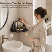 Plantex Self Adhesive Bathroom Corner Shelf/Bathroom Shelf Corner with Removable Hooks/Aluminum No Drill Bathroom Corner Organiser/Rack(9x9 inch Matt Black)