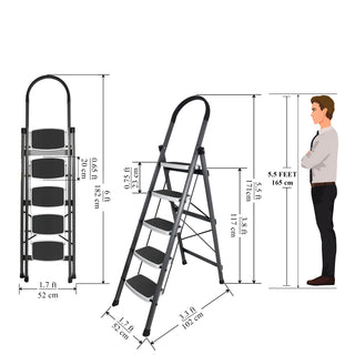 Plantex 5 Step Ladder - Foldable Steel -Wide Anti Skid Steps - 5 Year Manufacturer Warranty(Gray & White)-refurbished