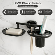 Plantex J4 Stainless Steel Soap Dish with Tumbler Holder/Soap and Brush Holder for Bathrooom/2 in 1 Soap Holder with Toothbrush Holder/Bathroom Accessories (PVD Black Finish) Onix