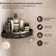Plantex Self Adhesive Bathroom Corner Shelf/Bathroom Shelf Corner with Removable Hooks/Aluminum No Drill Bathroom Corner Organiser/Rack(9x9 inch Matt Black)