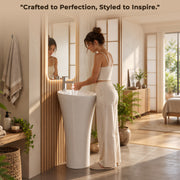 Plantex Round Pedestal Basin for Bathroom/Ceramic One Piece Pedestal Free Standing Wash Basin for Home/Hotel (White-15x15x31.5 inch)