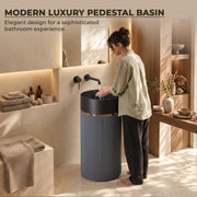 Plantex Matt Pedestal Wash Basin/Acrylic Resin & Quartz Free Standing Wash Basin/Round Basin For Bathroom/Home/Hotel/Restaurant- (Black And Grey, 16 X 16 X 34 Inch)