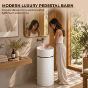 Plantex Acrylic Resin & Quartz Pedestal Basin for Bathroom/One Piece Pedestal Free Standing Round Wash Basin for living Room/Hotel (Beige)