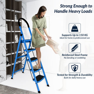 Plantex Ladder for Home - Premium Steel Foldable 5-Step Ladder - Anti Skid Strong Steps with 5 Years Manufacturer Warranty (Blue & Black)-refurbished
