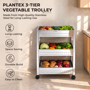 Plantex Stainless Steel 3-Tier Vegetable Storage Basket for Kitchen/Onion Garlic Stand-Trolley (Square Profile-Silver)