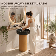 Plantex Acrylic Resin & Quartz Pedestal Basin for Bathroom/One Piece Pedestal Free Standing Round Wash Basin for living Room/Hotel (Black & Gold)