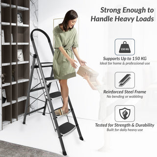 Plantex 5 Step Ladder - Foldable Steel -Wide Anti Skid Steps - 5 Year Manufacturer Warranty(Gray & White)-refurbished