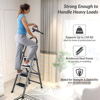 Plantex 4 Step Ladder for Home-Foldable Steel -Wide Anti Skid Steps - 5 Year Manufacturer Warranty (Gray & White)-refurbished