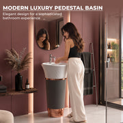 Plantex Matt Acrylic Resin & Quartz Pedestal Basin For Bathroom/Designer One Piece Pedestal Free Standing Round Wash Basin For Living Room/Hotel (White & Grey)