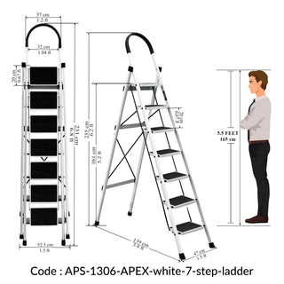 Plantex Steel Ladder for Home/Strong Foldable Wide 7 Step Ladder/Anti-Skid 7 Step Ladder - (Apex - White)-refurbished