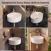 Plantex Ceramic Wall Hung Basin/Corner Bathroom Basin/Wall Mounted Wash Basin with 10 Years Glaze Warranty/Sink for Living Room (Eva -White- 14x14x6 inch)