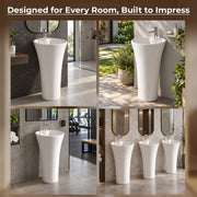 Plantex Round Pedestal Basin for Bathroom/Ceramic One Piece Pedestal Free Standing Wash Basin for Home/Hotel (White-15x15x31.5 inch)