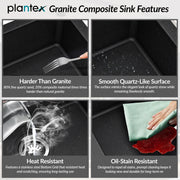 Plantex Quartz Acrylic Kitchen Sink With 10 Years Warranty/Undermount Sink For Kitchen/Metalic Single Bowl Kitchen Sinks With Coupling (Siapan-24X18 Inches), Metallic, Black