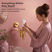Plantex Daizy Gold Toothbrush/Paste and Tumbler Holder for Bathroom and Wash Basin (304 Stainless Steel)