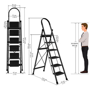 Plantex Steel Ladder for Home/Strong Foldable Wide 6 Step Ladder/Anti-Skid 6 Step Ladder - (Apex - Black)-refurbished