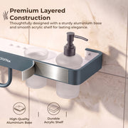 Plantex 4in1 Shelf for Bathroom/Aluminium and Acrylic Shelf with Tumbler Holder, Liquid Soap Dispenser and Napkin Space/Bathroom Organizer with Drill-Pack of 1(Grey and Milky White)