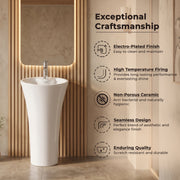 Plantex Round Pedestal Basin for Bathroom/Ceramic One Piece Pedestal Free Standing Wash Basin for Home/Hotel (White-15x15x31.5 inch)