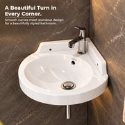 Plantex White Corner Wash Basin/Wall Mount Basin for Bathroom/Ceramic Tabletop Basin with 10 Years Glaze Warranty by Plantex/Small Corner Sink (Breva - 14.5 x 14.5 x 5 Inch)
